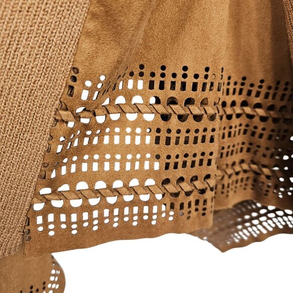 Womens 3X Open Front Brown Cardigan Faux Suede Laser-Cut Hem Stretch Long Sleeve - Picture 8 of 12